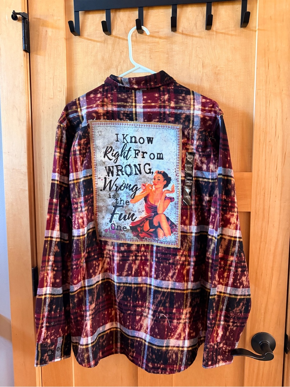 Women’s Burgundy Plaid Button-Down Shirt with Retro Pinup Back Patch- large